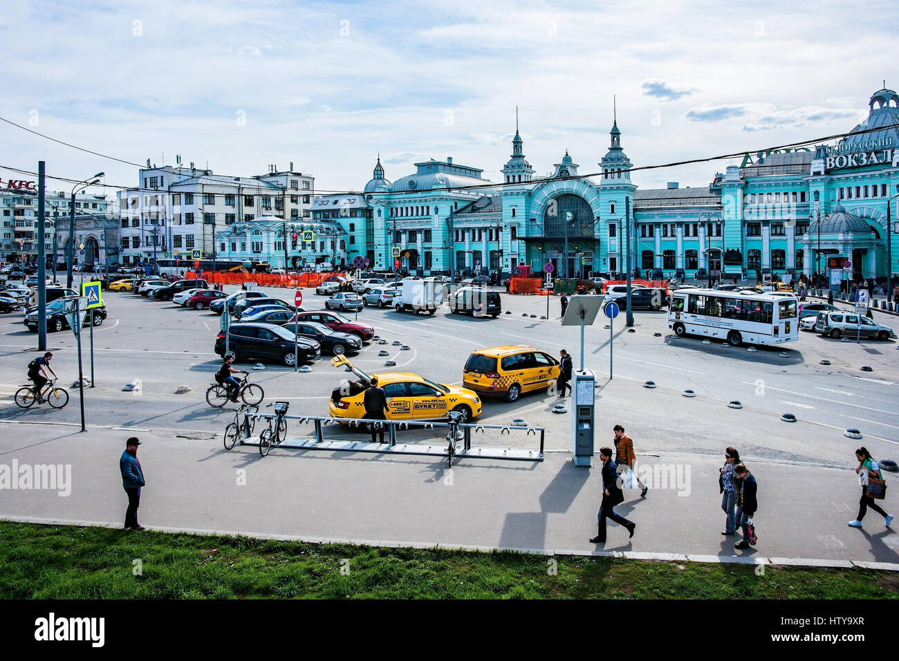 MOSCOW, RUSSIA - APRIL 29, 2016: Belorusskaya railway station and Tverskaya Zastava (outpost) square. The station serves long distance trains to the w Stock Photo