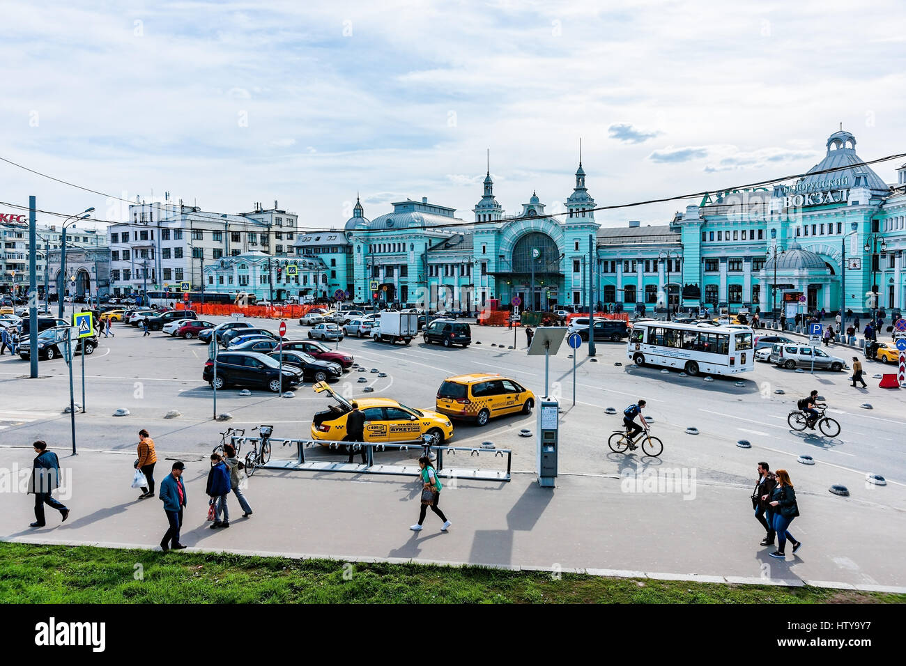 MOSCOW, RUSSIA - APRIL 29, 2016: Belorusskaya railway station and Tverskaya Zastava (outpost) square. The station serves long distance trains to the w Stock Photo