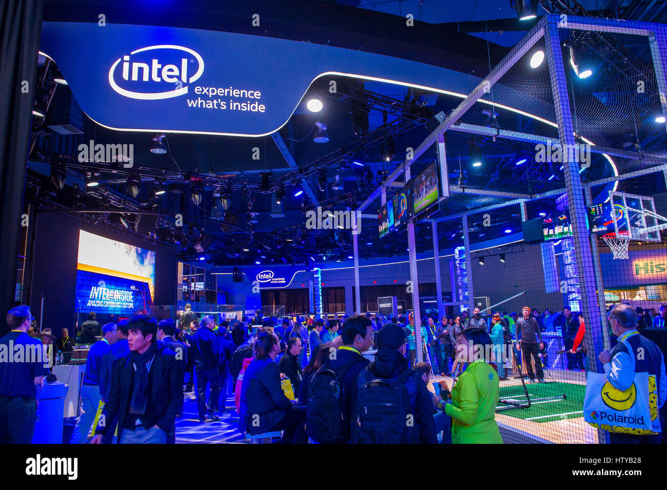 LAS VEGAS - JAN 08 : The Intel booth at the CES show in Las Vegas on January 08 2017 , CES is the world's leading consumer-electronics show. Stock Photo
