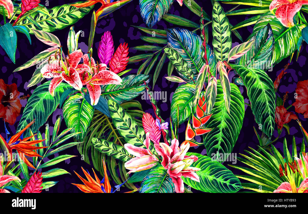 Seamless tropical floral pattern. Hand painted watercolor exotic leaves ...