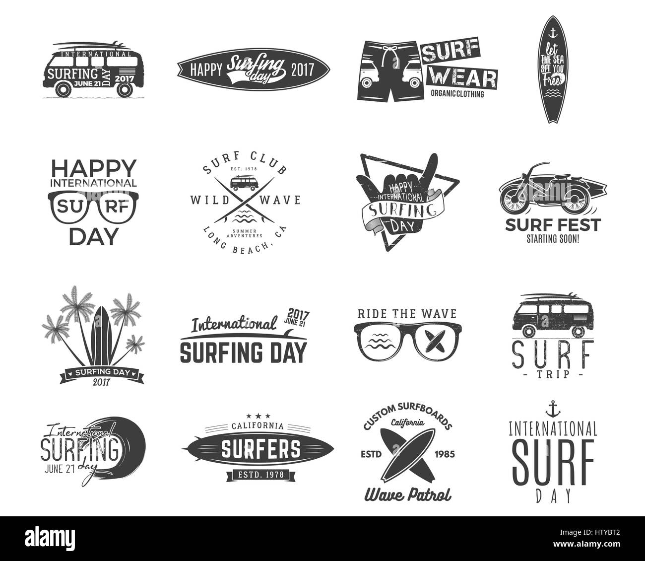 Vintage surfing graphics and emblems set for web design or print. Surfer, beach style logo design. Surf Badge. Surfboard seal, elements, symbols. Summer boarding on waves. Vector hipster insignias Stock Vector