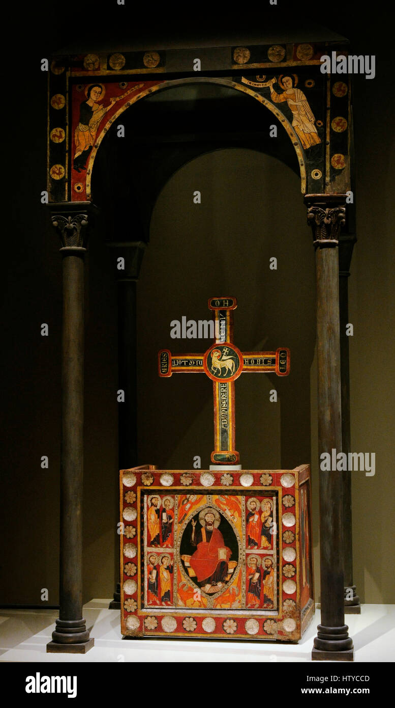 Anonymous. Catalonia. La Seu Urgell 1200 workshop and anonymous. Toses baldachin, first third of 13th century, from the Church of Sant Cristofol de Toses; Altar frontal from Sant Roma de Vila, first third of 13th century, from Encamp (Andorra) and Cross of Bagergue, ca.1200, from the Parish Church of Sant Feliu de Bagergue, Val Aran. National . National Art Museum of Catalonia. Barcelona. Catalonia. Spain. Stock Photo