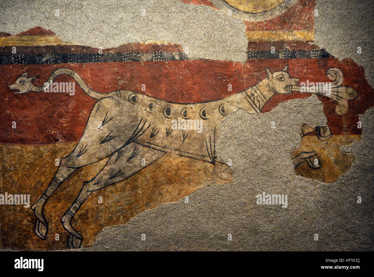 Master of Boi. Quadruped with Fleur-de-lis from Boi. Ca.1100. From the north aisle of the Parish Church of Sant Joan de Boi, Boi Valley. Fresco transferred to canvas. National Art Museum of Catalonia. Barcelona. Catalonia. Spain. Stock Photo