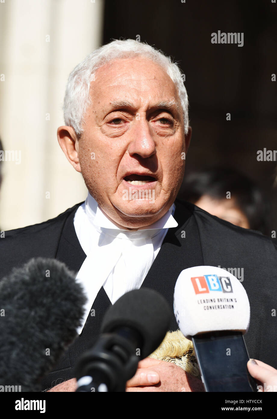 Jonathan Goldberg QC, barrister for Alexander Blackman, outside the High Court in London, where the Royal Marine Sergeant has had his murder conviction reduced to manslaughter on the ground of diminished responsibility, following an appeal to the Court Martial Appeal Court, after he shot an injured Taliban fighter in Afghanistan. Stock Photo