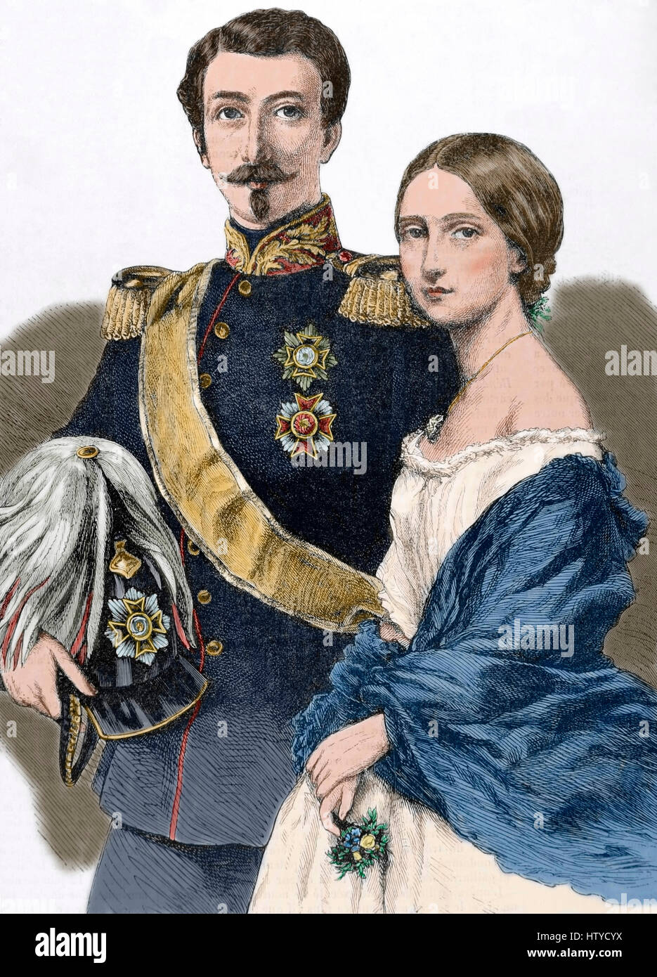 Frederick I (1826-1907). Grand Duke of Baden with his wife Princess Louise of Prussia (1838-1923). Engraving. The Illustrated Universe (Univers Illustre), 1862. Colored. Stock Photo