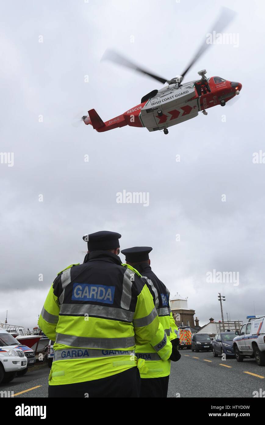 A Coast Guard helicopter arrives in Blacksod to refuel as the search continues for an Irish Coast Guard helicopter which went missing off the west coast of Ireland in the early hours of yesterday morning. Picture date: Wednesday March 15, 2017. See PA story IRISH Coastguard. Photo credit should read: Brian Lawless/PA Wire Stock Photo