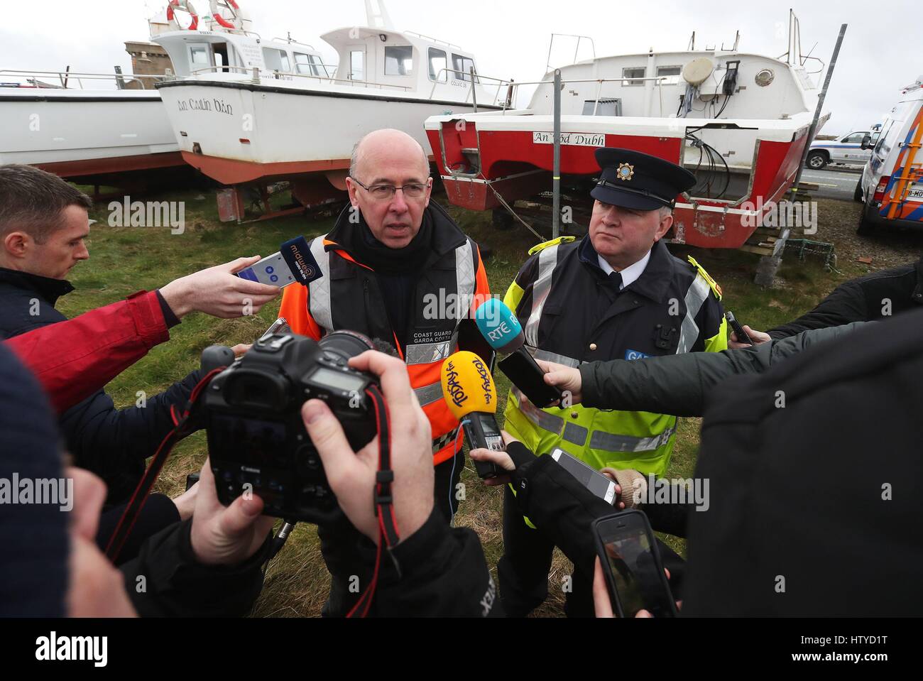 Gerard O'Flynn, the search and rescue operations manager with the Irish Coast Guard, (left) and Superintendent Tony Healy, speak to the media as the search continues for an Irish Coast Guard helicopter which went missing off the west coast of Ireland in the early hours of yesterday morning. Picture date: Wednesday March 15, 2017. See PA story IRISH Coastguard. Photo credit should read: Brian Lawless/PA Wire Stock Photo