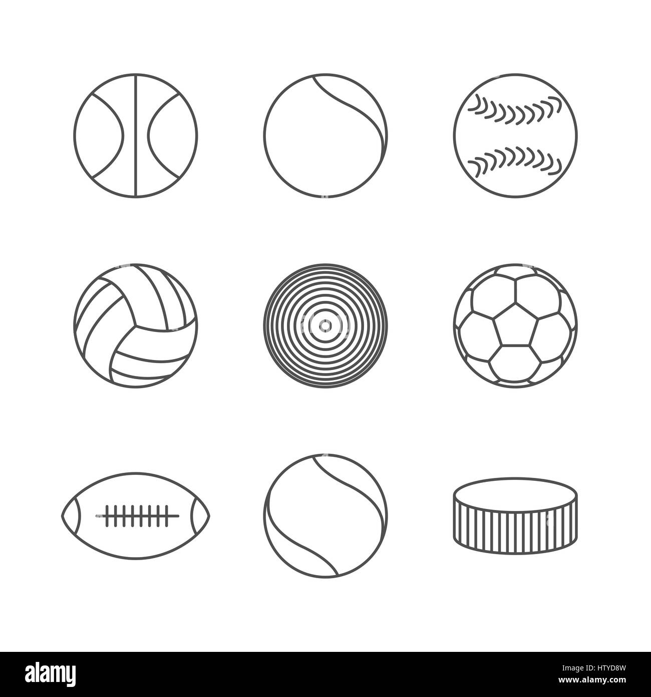 Gray icons of various sports balls of thin lines, vector illustration ...