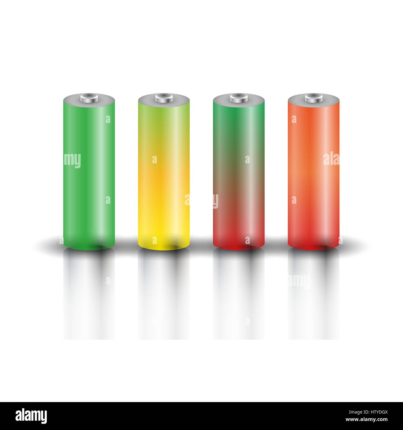 Set of realistic colored transparent battery, vector illustration. Stock Vector