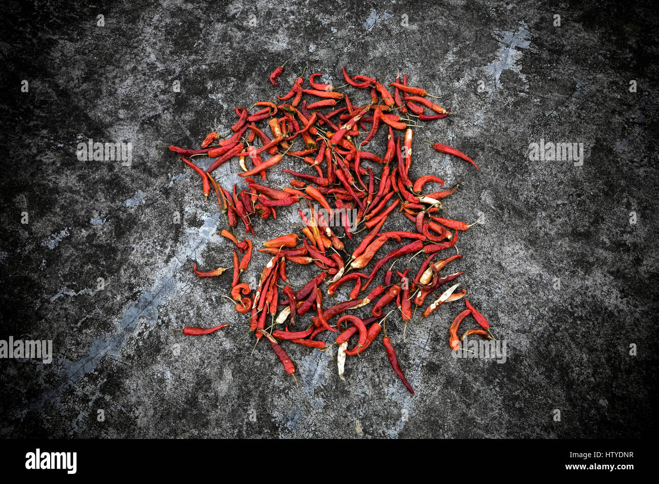 Dry red chili peppers are drying in the sun on the roof of a house. Stock Photo