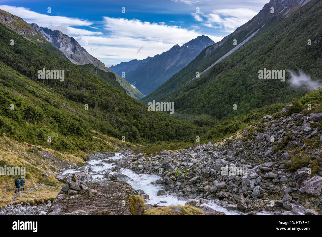 Two women Hiking in Nelson Lakes National Park, Tasman, South Island, New Zealand Stock Photo