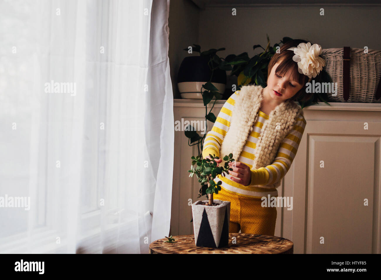 Girl tending to a plant in living room Stock Photo