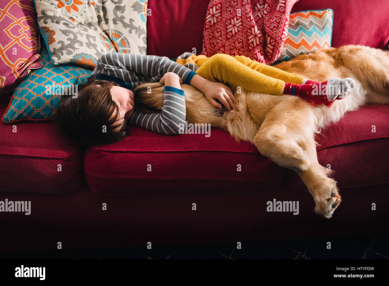 Girl sleeping on couch with golden retriever dog Stock Photo