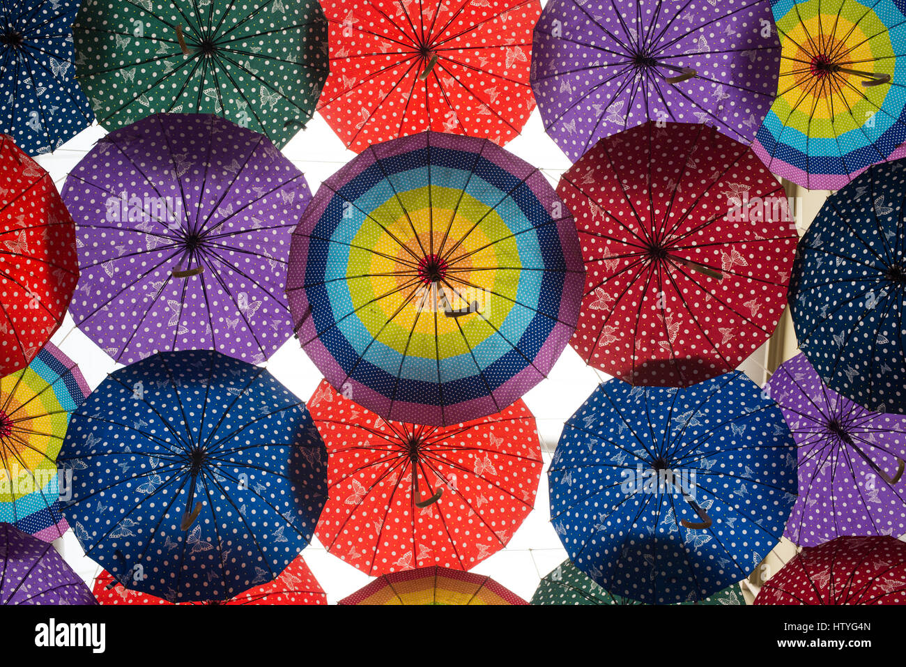 Open umbrellas hanging overhead, Dubai, UAE Stock Photo Alamy