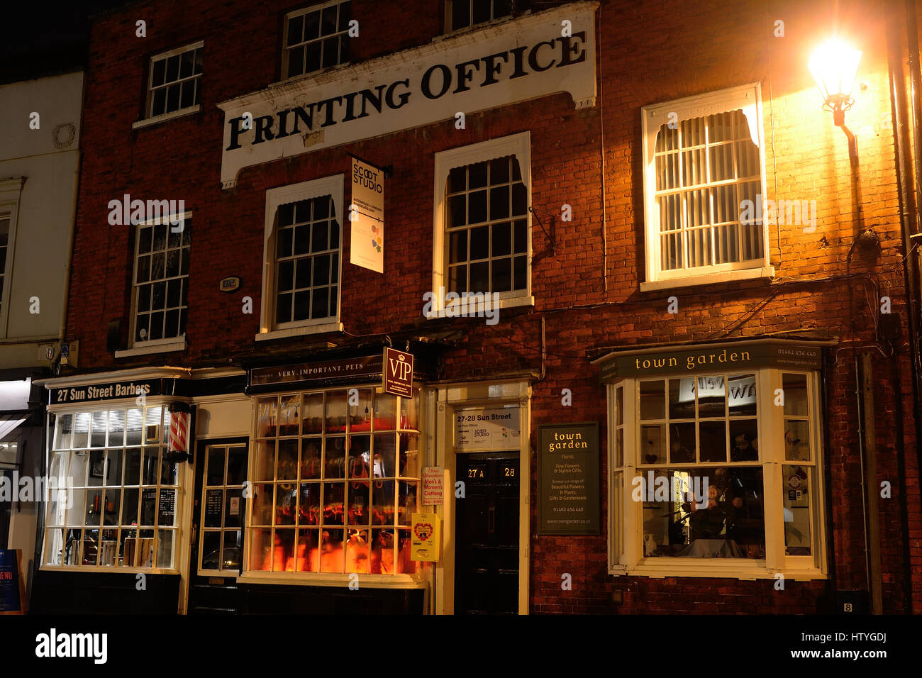 Printing Office Building with traditional shops on Sun Street, Hitchin