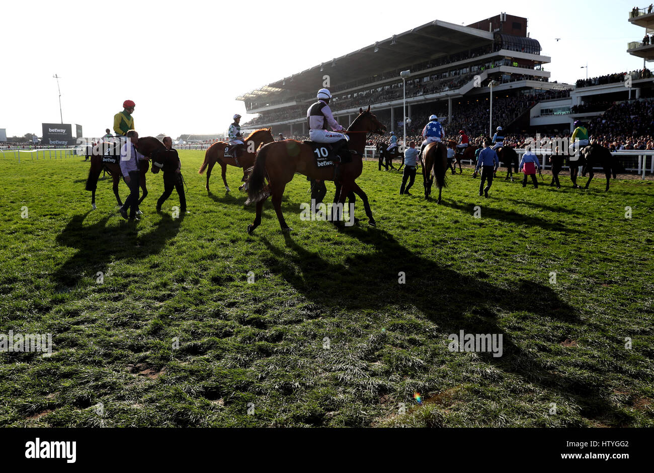 Traffic Fluide ridden by Joshua Moore (no.10) prior to the Betway Queen Mother Champion Chase during Ladies Day of the 2017 Cheltenham Festival at Cheltenham Racecourse. Stock Photo
