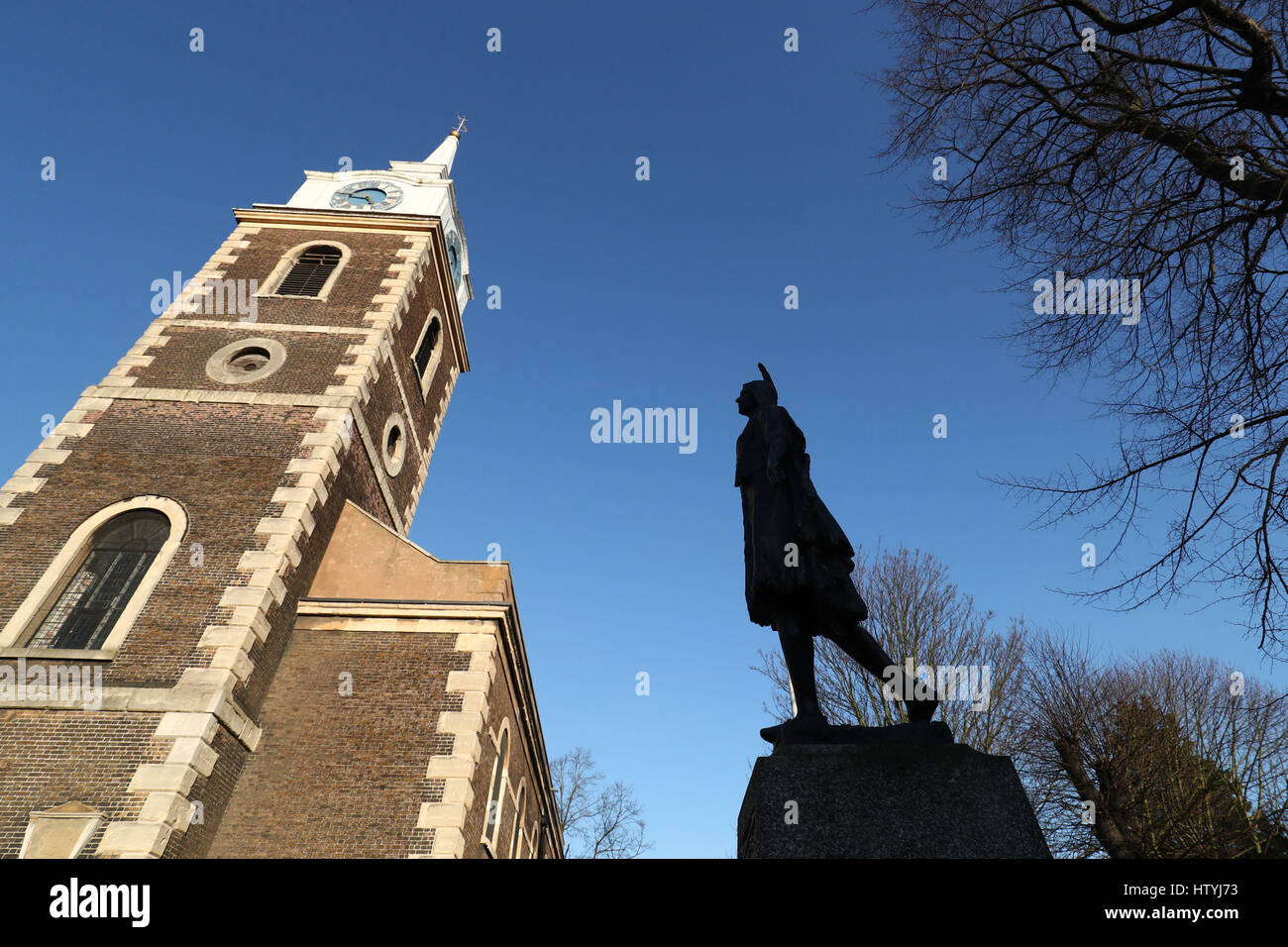 Embargoed to 0001 Thursday March 16 A general view of the Grade II life-size bronze of Pocahontas at the Church of St George in Gravesend, Kent. The statue had its listed status updated to commemorate 400 years since the famous Native American woman's death on English soil. Stock Photo