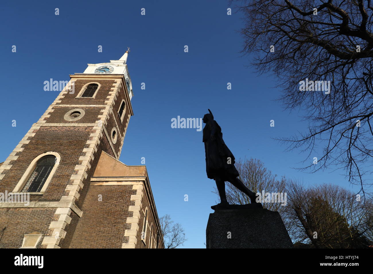 A general view of the Grade II life-size bronze of Pocahontas at the Church of St George in Gravesend, Kent. The statue had its listed status updated to commemorate 400 years since the famous Native American woman's death on English soil. Stock Photo