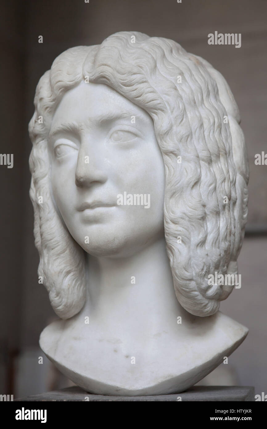 Head from a statue of a Roman lady from about 200 AD on display in the Glyptothek Museum in Munich, Bavaria, Germany. The shape of the face and the hairstyle look like the empress Julia Domna, a wife of Roman Emperor Septimius Severus. Stock Photo