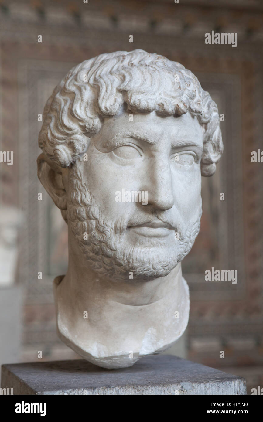 Head of Roman Emperor Hadrian (reign 117-138 AD) on display in the Glyptothek Museum in Munich, Bavaria, Germany. Stock Photo