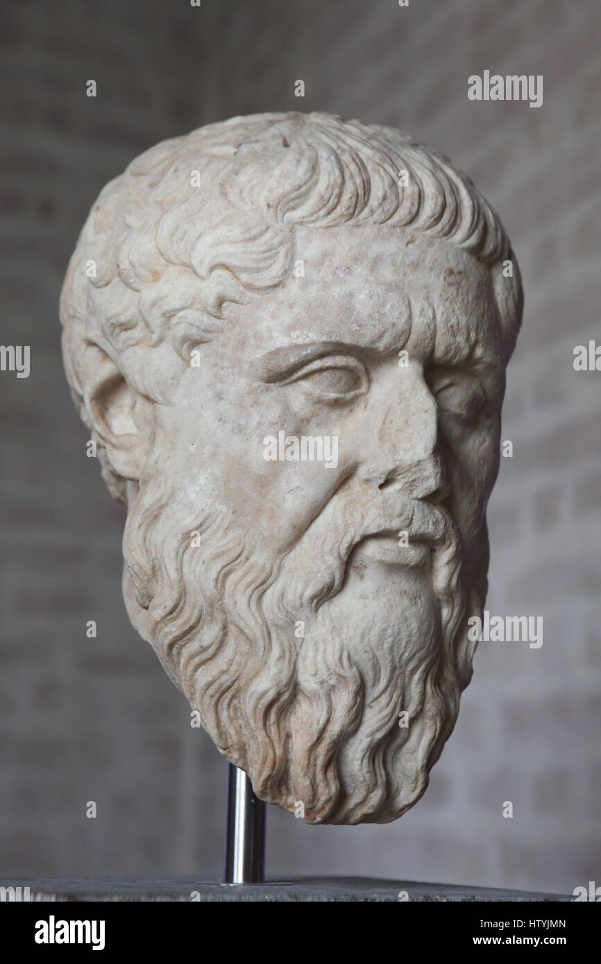Classical Greek philosopher Plato (427-348 BC). Roman copy after a Greek original from a statue by Silanion from about 340 BC on display in the Glyptothek Museum in Munich, Bavaria, Germany. Stock Photo
