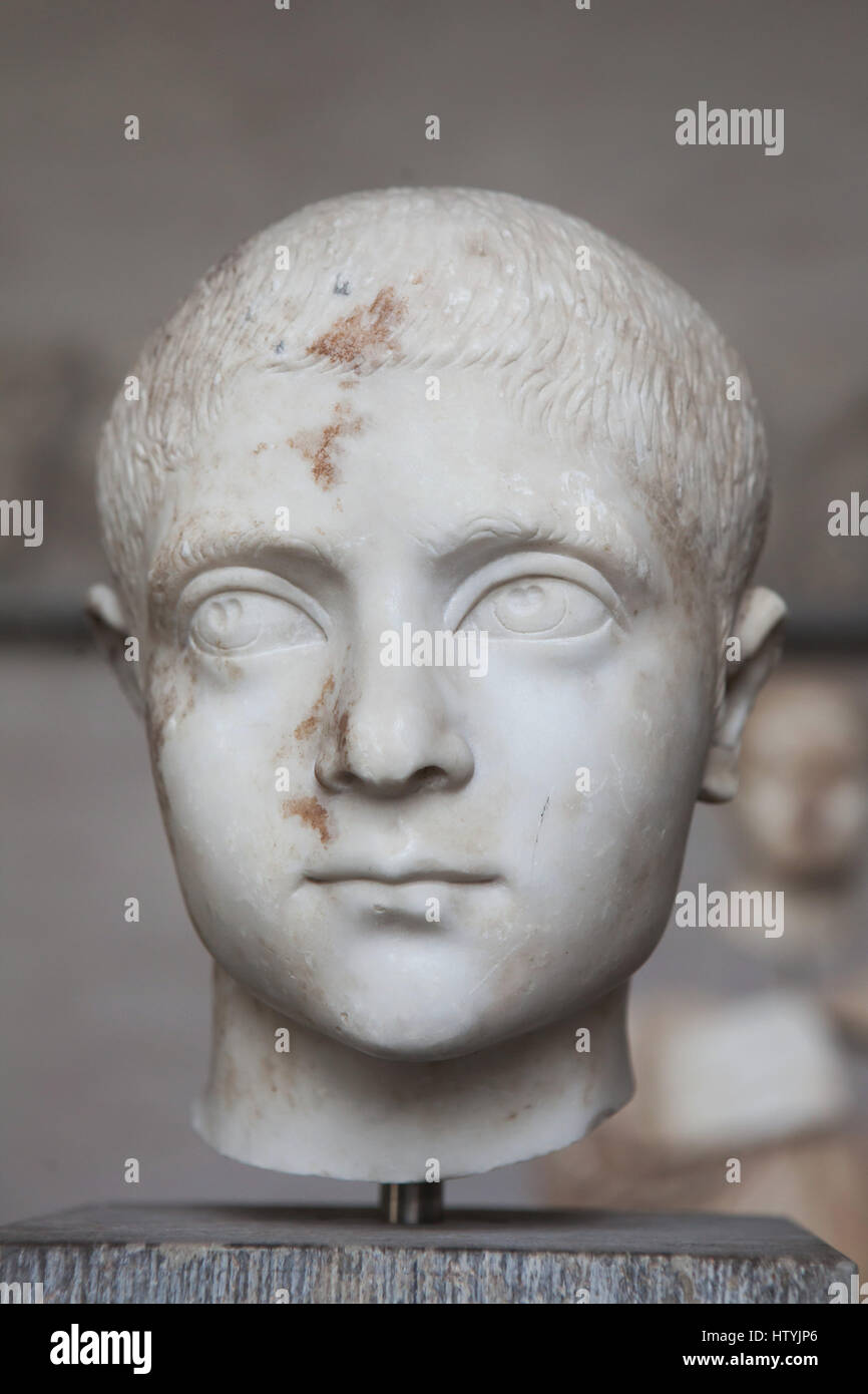 Head from a statue of a boy from about 230 AD on display in the ...