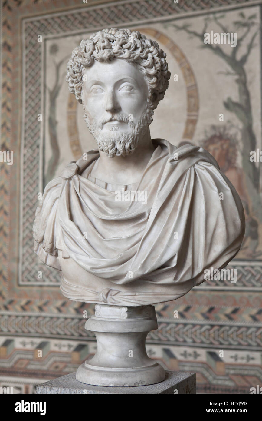 Marble bust of Roman Emperor Marcus Aurelius (reign 161-180 AD) on Marble bust of Roman Emperor Marcus Aurelius (reign 161-180 AD) on