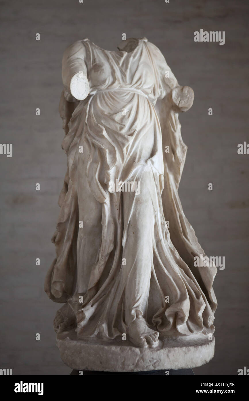 Woman with flowing robe, probably Muse with lyre. Greek roof decoration from about 400 BC on display in the Glyptothek Museum in Munich, Bavaria, Germany. Stock Photo