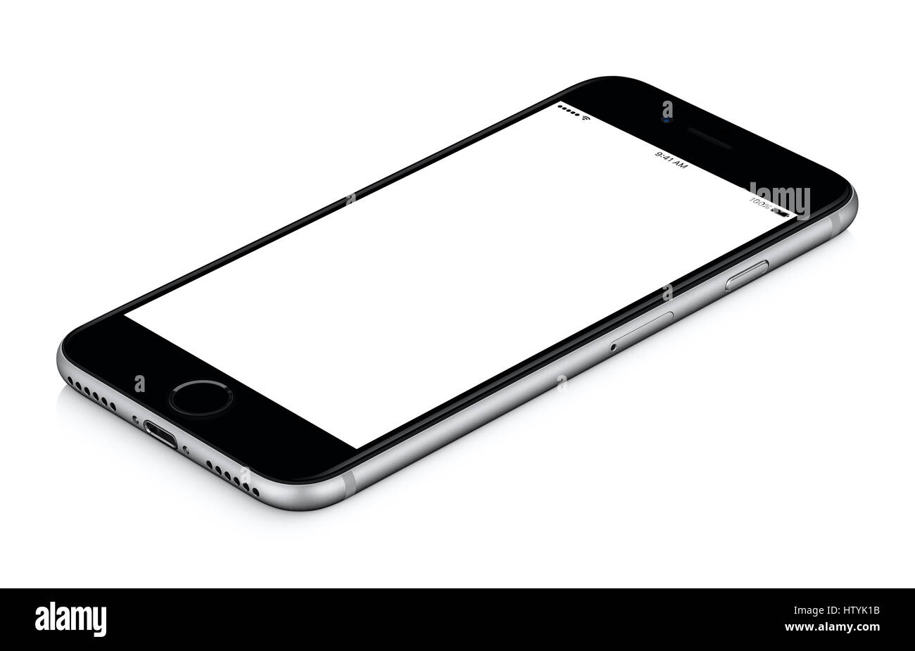 Black mobile smart phone mockup clockwise rotated lies on the surface with blank screen isolated on white background. Stock Photo