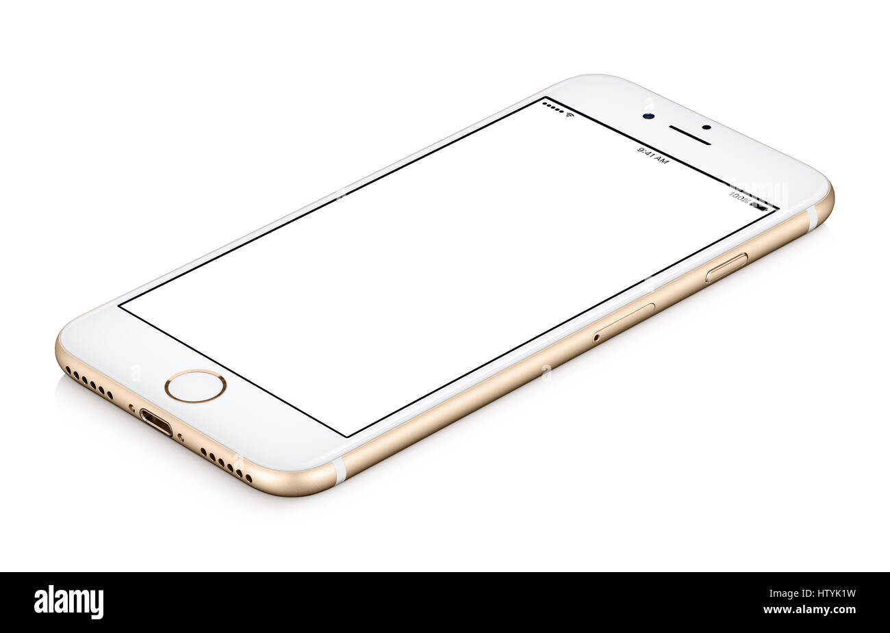 Gold mobile smart phone mock up clockwise rotated lies on the surface with blank screen isolated on white background. Stock Photo