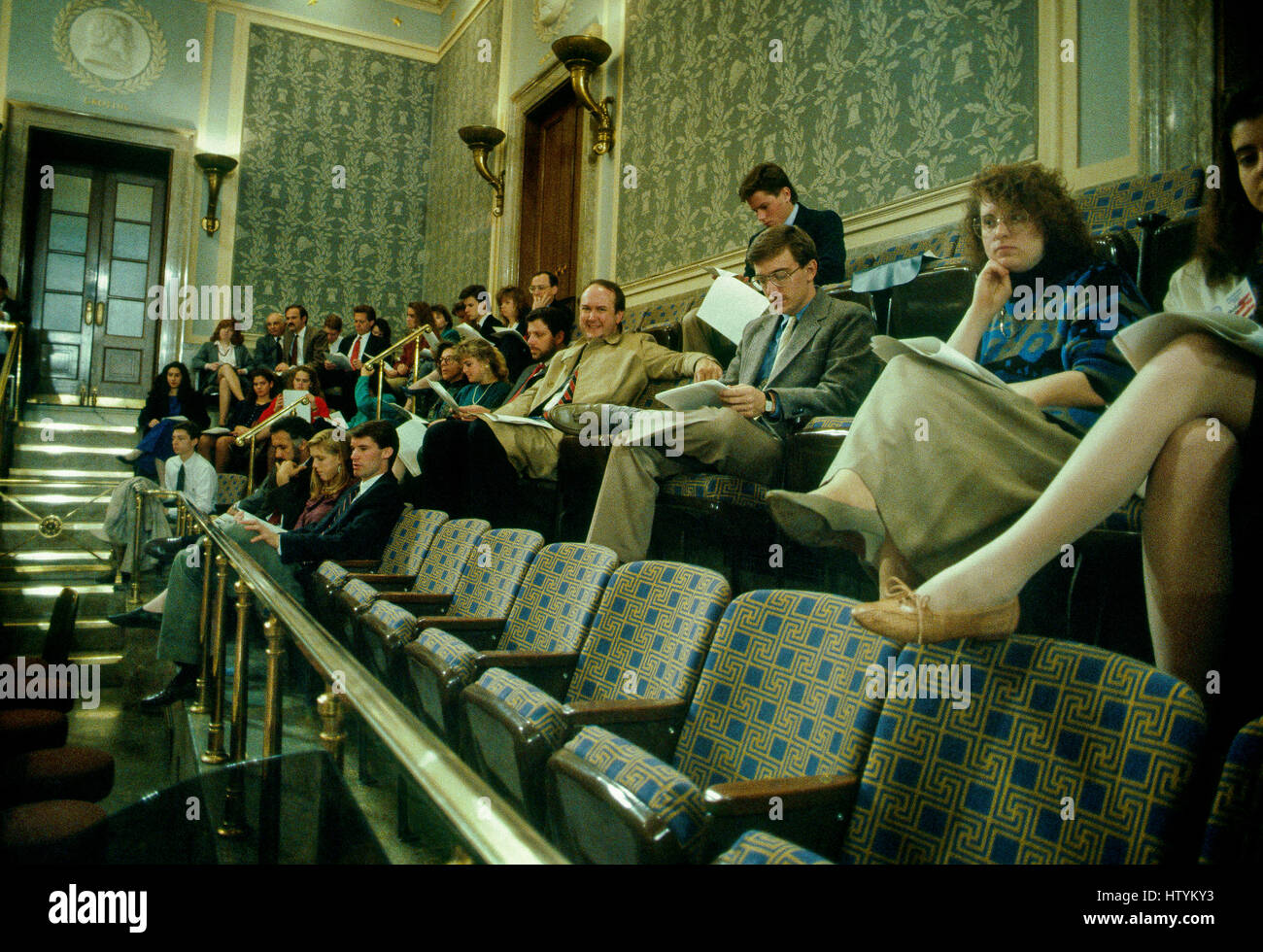 Members of the public and guests are seated in the vistors gallery prior to President George H.W. Bush delivering his first state of the union message to a joint session of Congress,  Washington DC., January 31, 1990.  Photo by Mark Reinstein Stock Photo