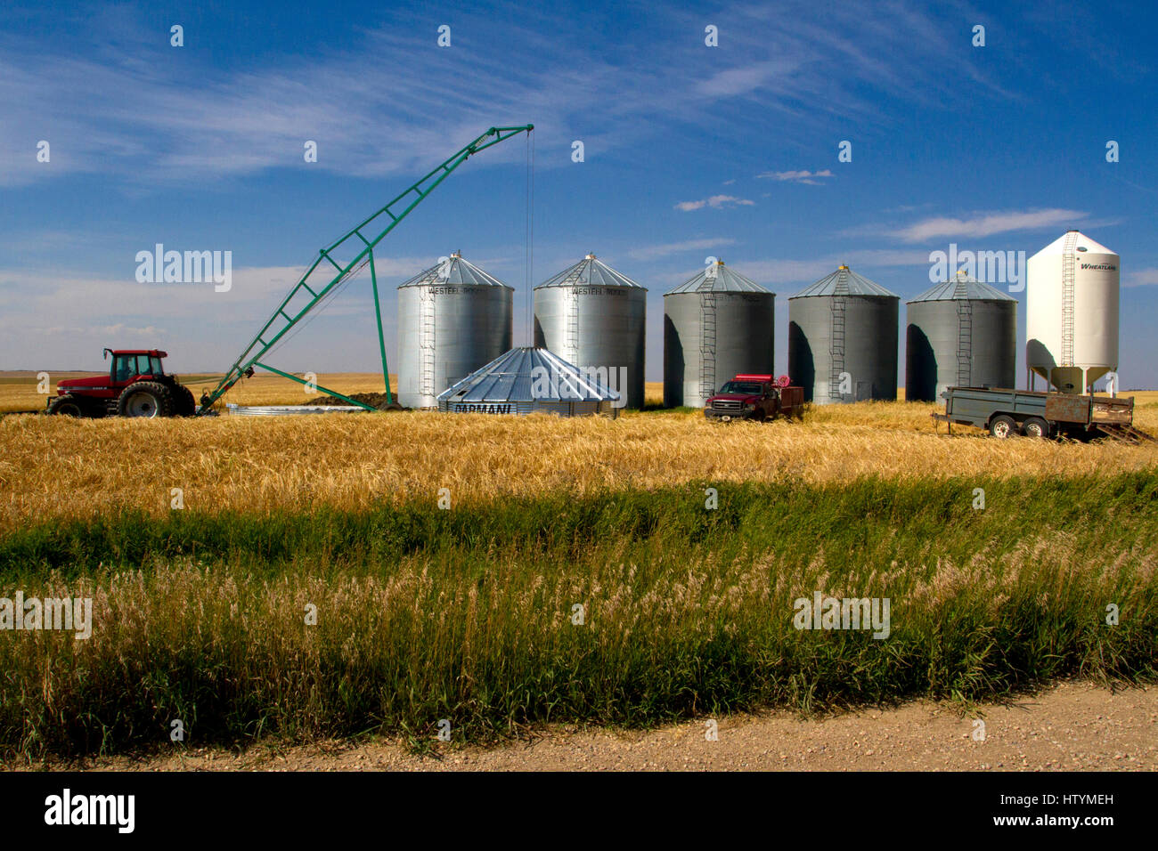 Grain Silos or grain storage bins on farmland in Alberta, Canada Stock Photo