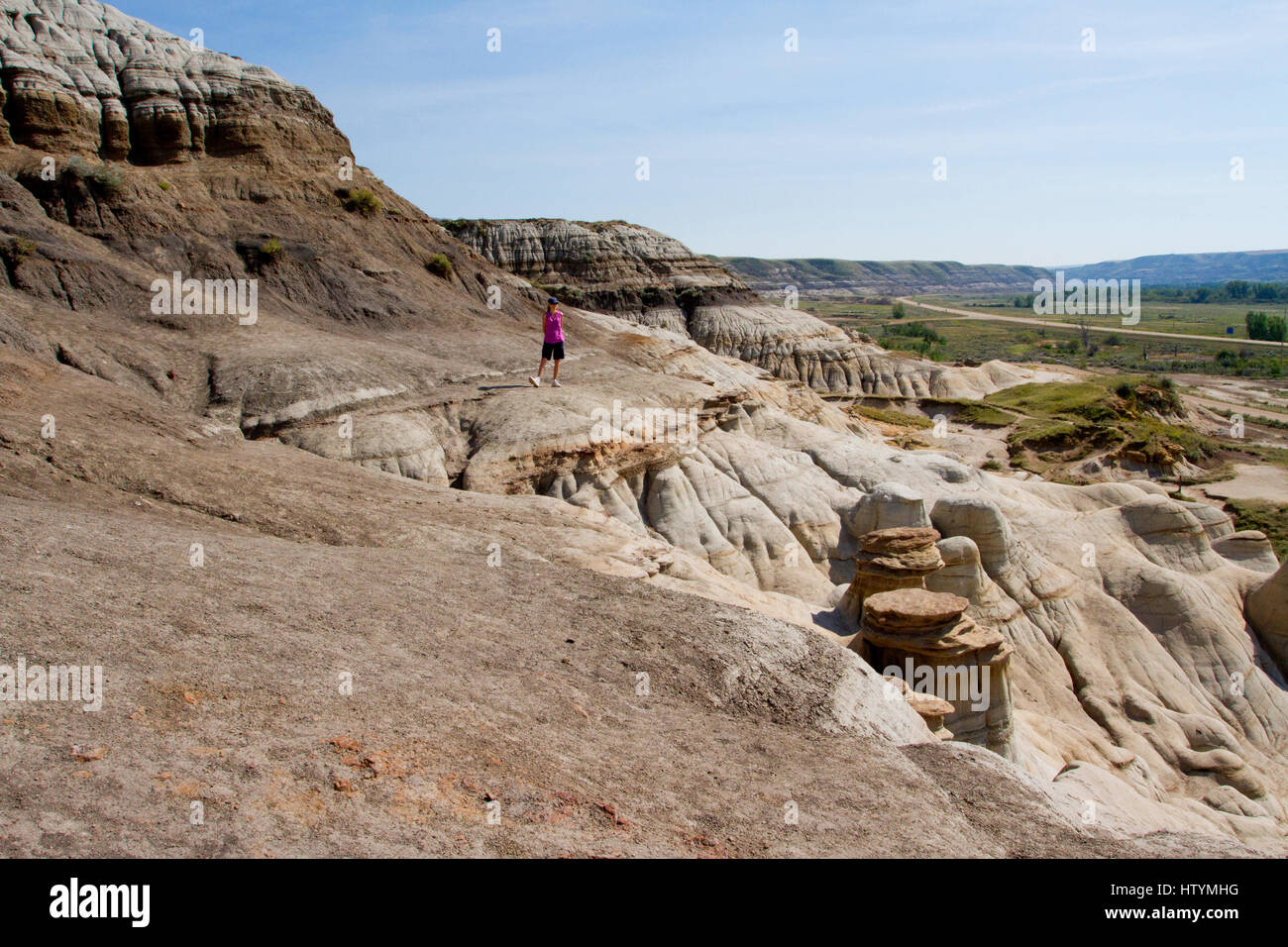 Hoodoos, geological formations created by erosion, in the Badlands near Drumheller, Alberta, Canada. Stock Photo