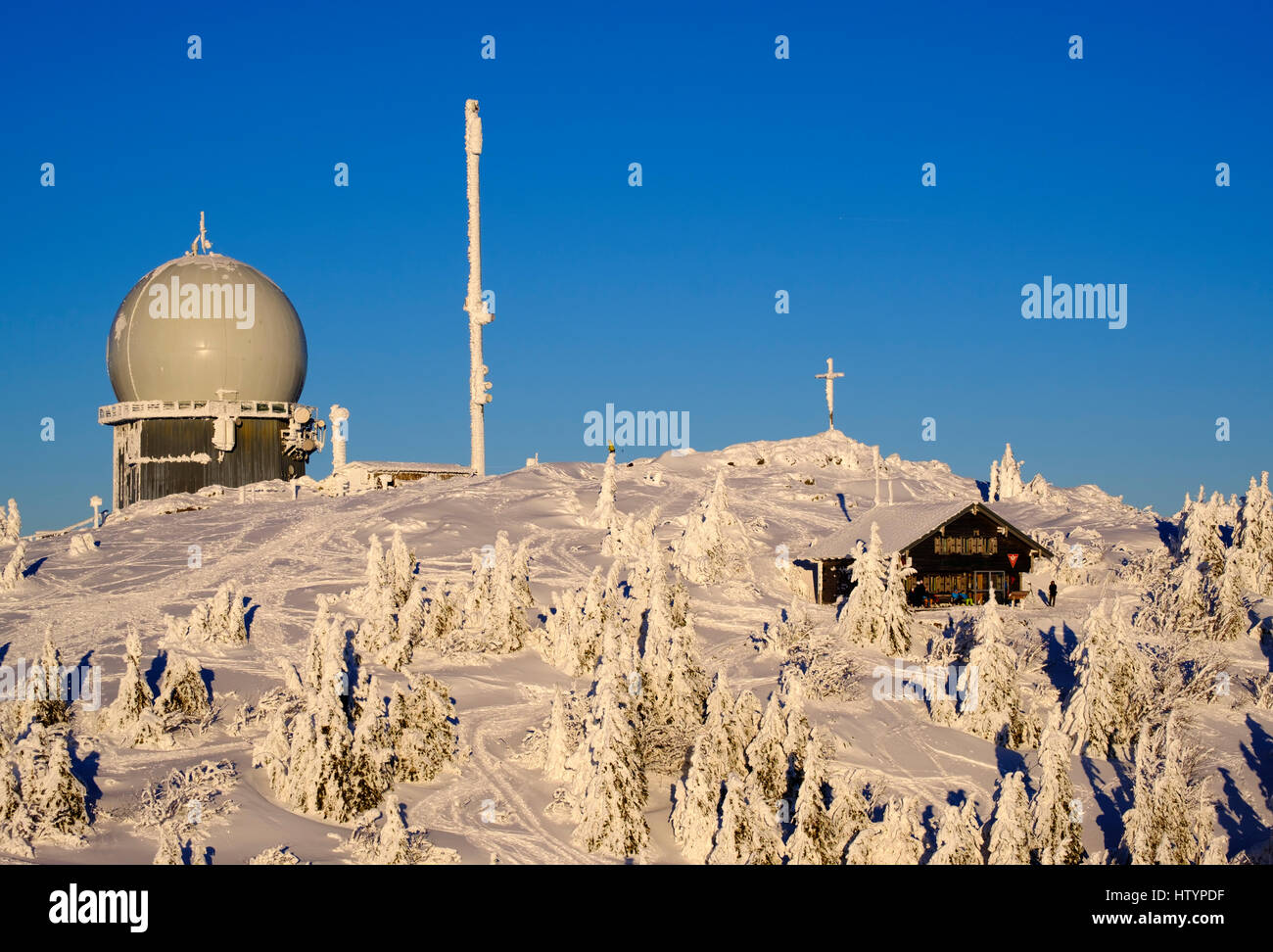 Random, summit cross and Zwieseler Cottage in Snow, Big Arber, Natural Preserve Bavarian Forest, Lower Bavaria, Bavaria, Germany Stock Photo
