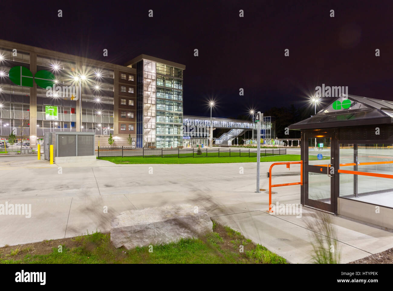 An exterior view of the parking garage and station at the Erindale Go Station in Mississauga, Ontario, Canada. Stock Photo