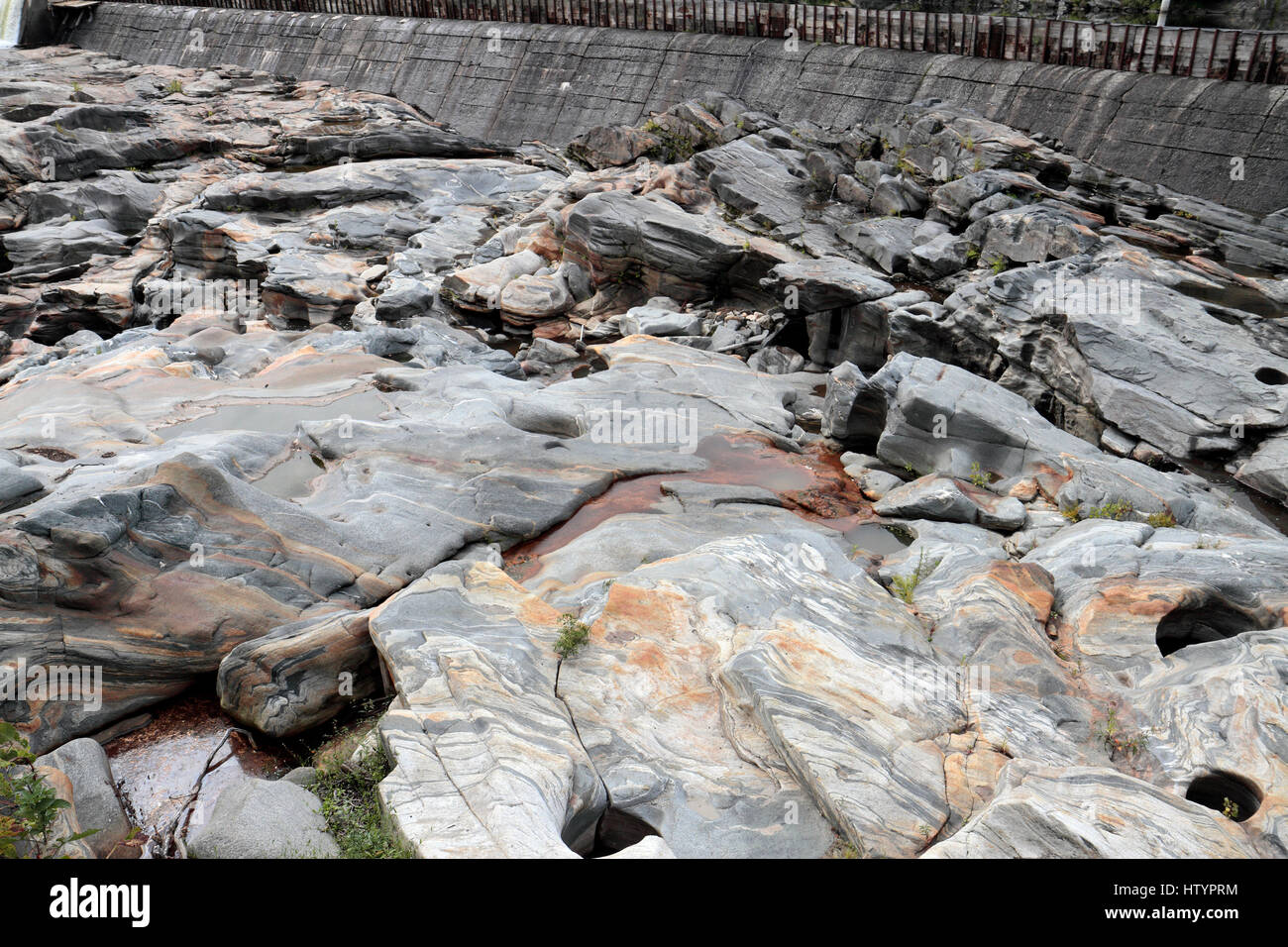 Glacial potholes (a feature of glaciation) on the Deerfield River, Shelburne Falls, Massachusetts. United States. Stock Photo