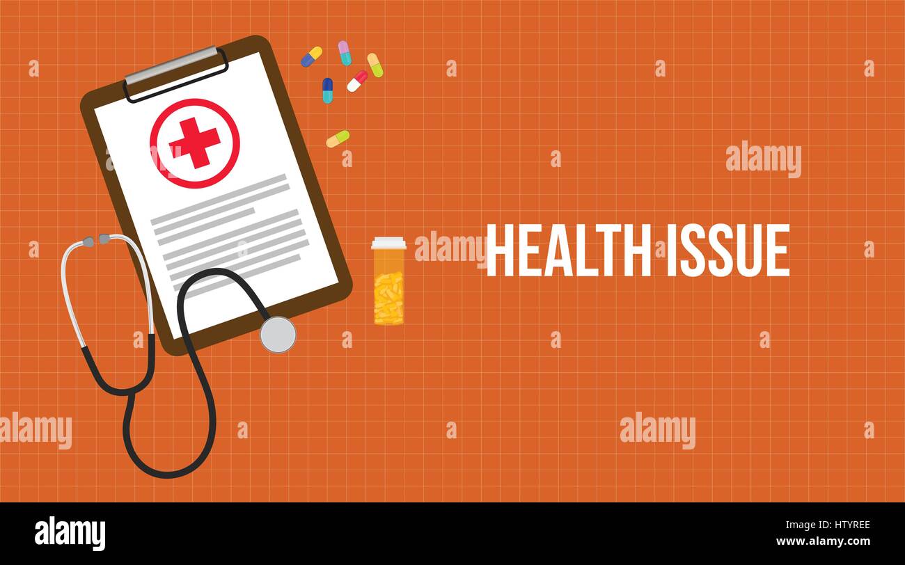 health issue illustration with paperwork on clip board, a stethoscope