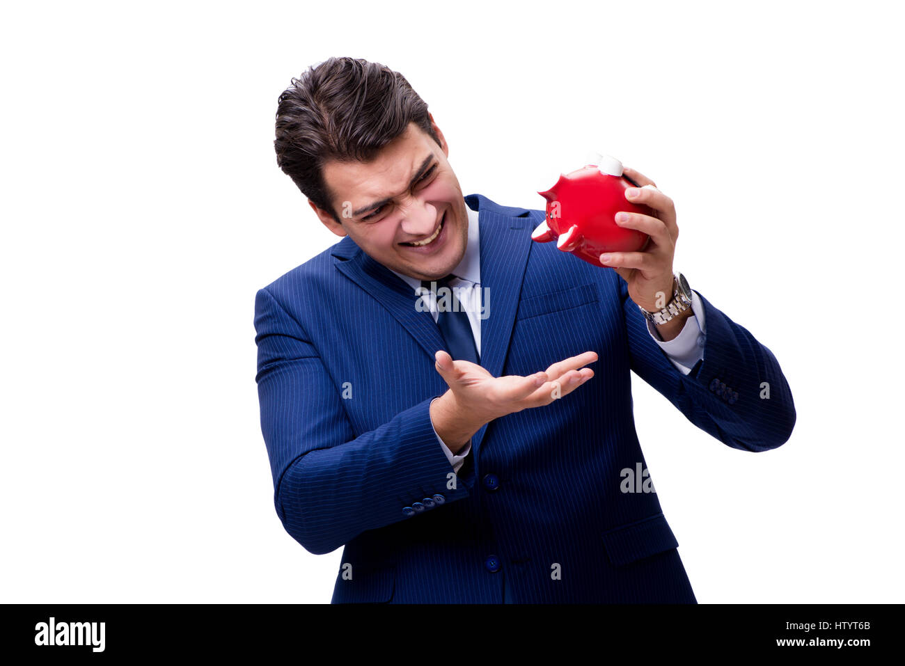 Handsome man with piggybank isolated on white Stock Photo - Alamy