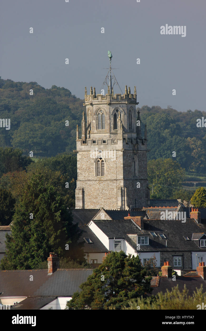 The octagonal lantern tower of St Andrew's church in Colyton, Devon, seen from Colyton tram station behind village houses on a sunny day with blue sky Stock Photo