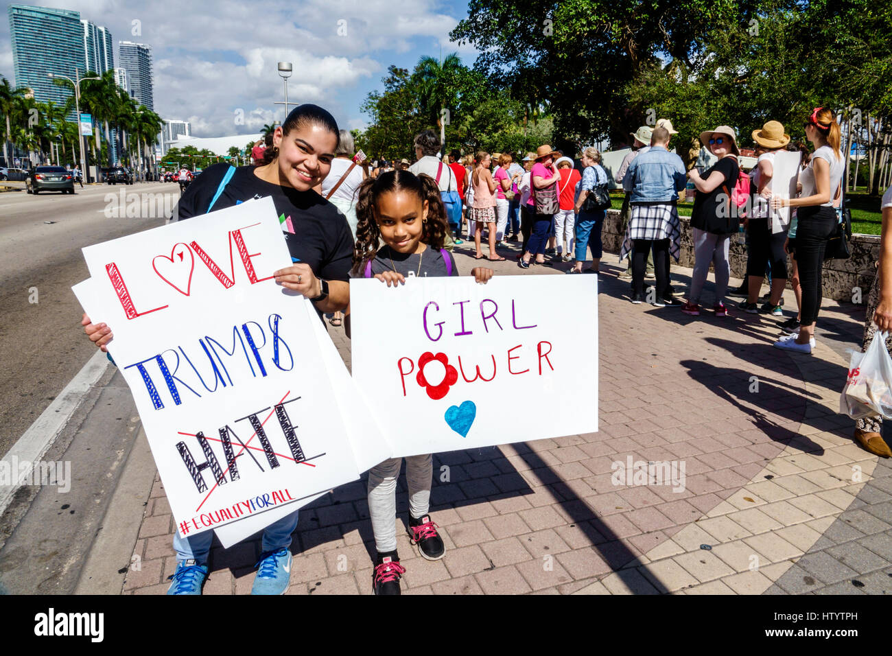 Miami Florida,Downtown,Bayfront Park,Women's March,political protest,march,human rights,advocacy,sign,Black woman female women,girl girls,kid kids chi Stock Photo