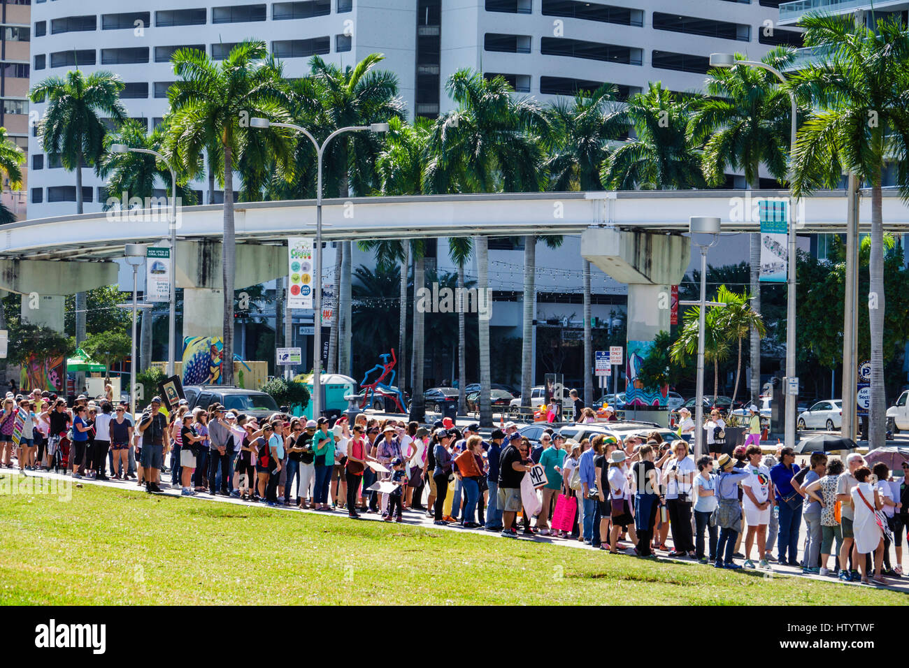 Miami Florida,Downtown,Bayfront Park,Women's March,political protest,march,human rights,advocacy,line,queue,protesters,FL170122021 Stock Photo