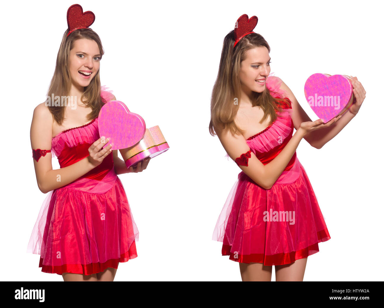 Girl in pretty pink dress with gift box isolated on white Stock Photo ...