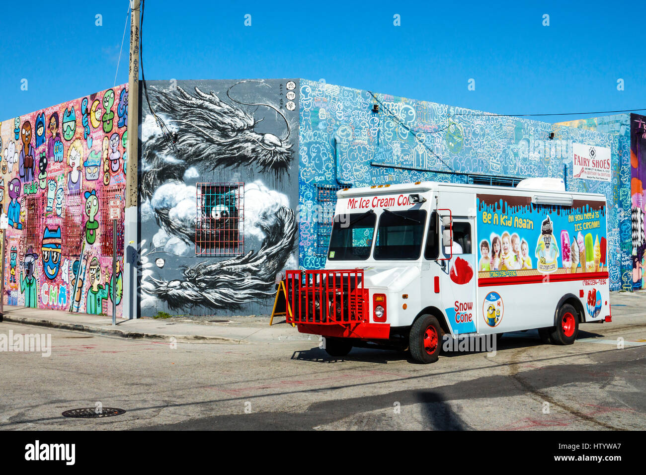 Miami Florida,Wynwood,urban graffiti,street art,painted wall mural,ice cream truck,FL170122041 Stock Photo