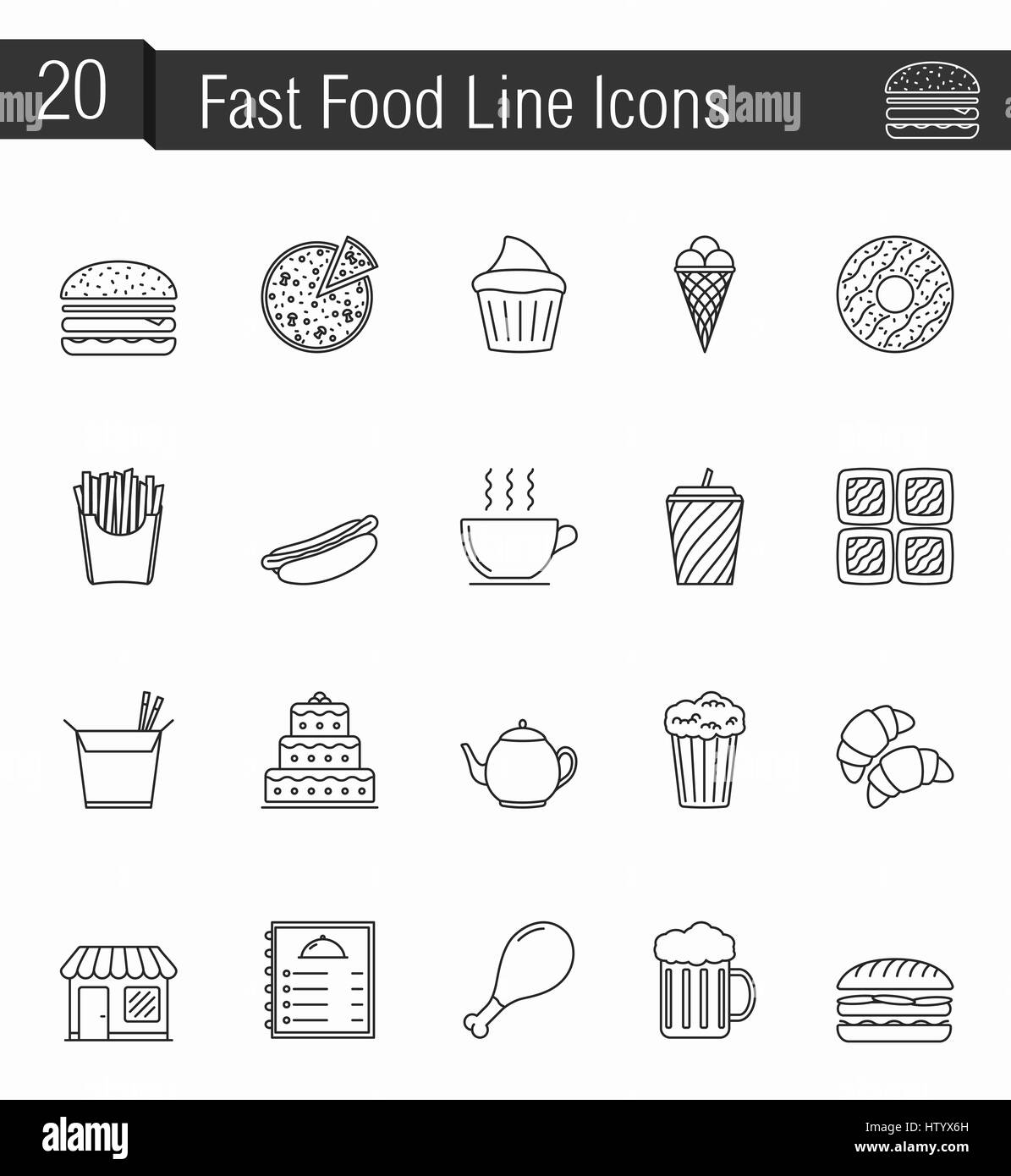 20 fast food line icons Stock Photo