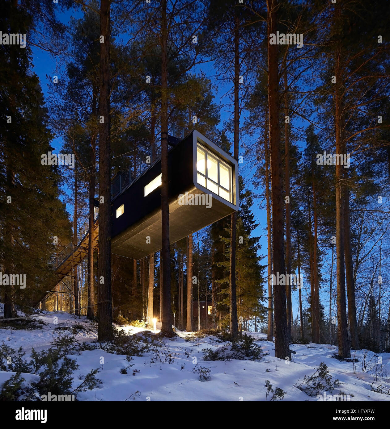 The Cabin, design by Mårten Cyrén & Gustav Cyrén. Treehotel, Harads, Sweden. Architect: various, 2016. Stock Photo