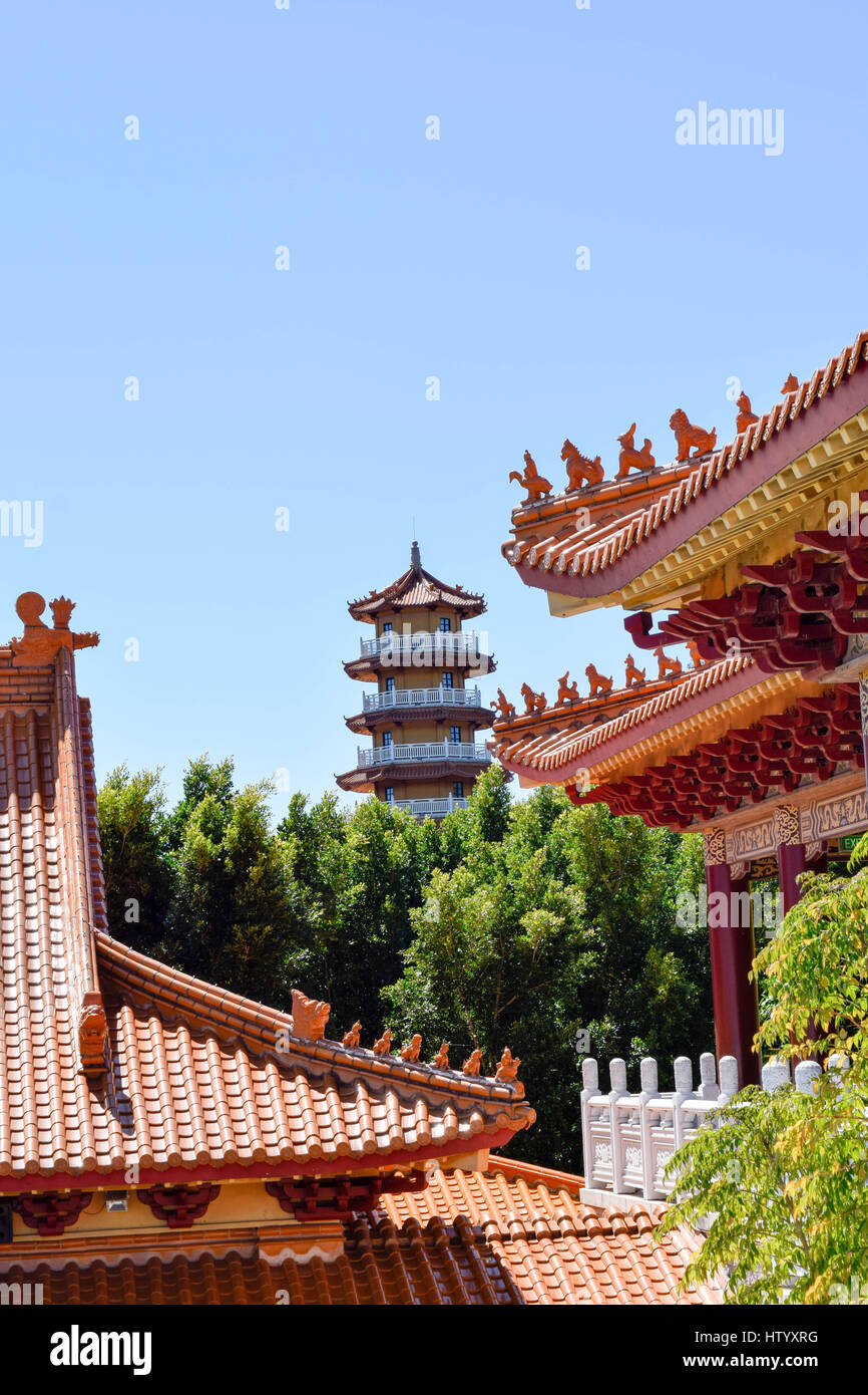 View of the pagoda from the interior court of the Nan Tien Temple Stock Photo
