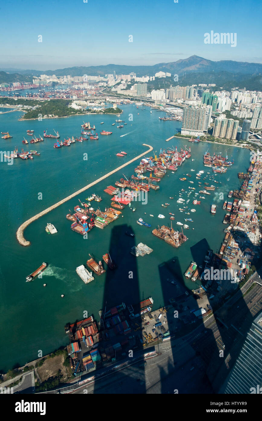 An aerial cityscape view of the New Yau Ma Tei Typhoon Shelter and Mong