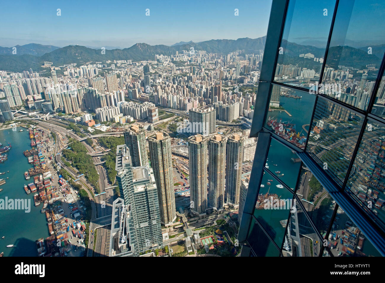 An aerial cityscape view of the Mong Kok area of Kowloon in Hong Kong taken from the Sky100 on the ICC building. Stock Photo