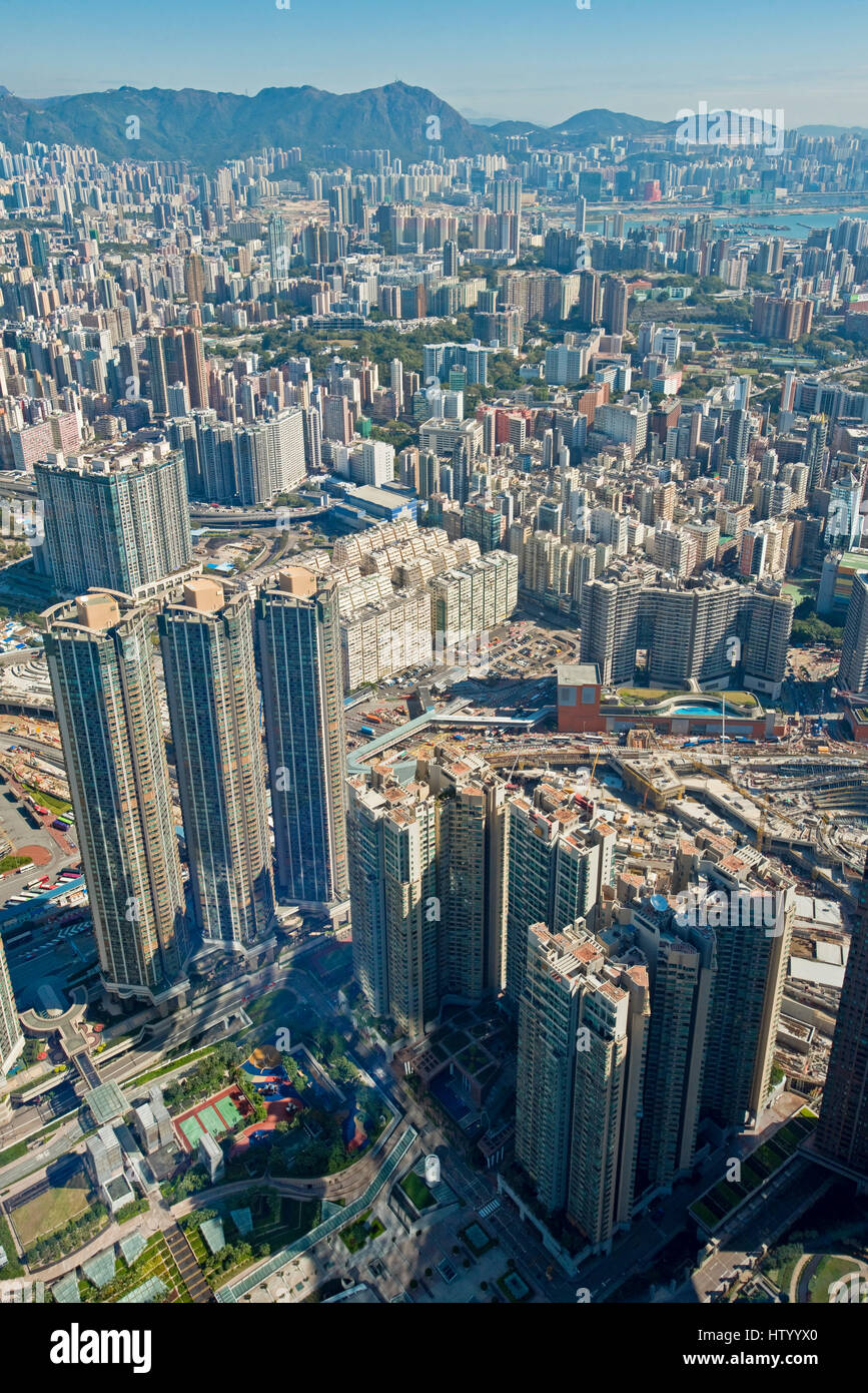 An aerial cityscape view of the Yau Ma Tei area of Kowloon in Hong Kong ...