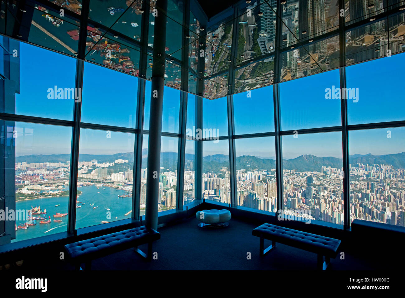 A cityscape view of Hong Kong taken from inside the Sky100 observation deck on the 100th floor of the ICC building. Stock Photo